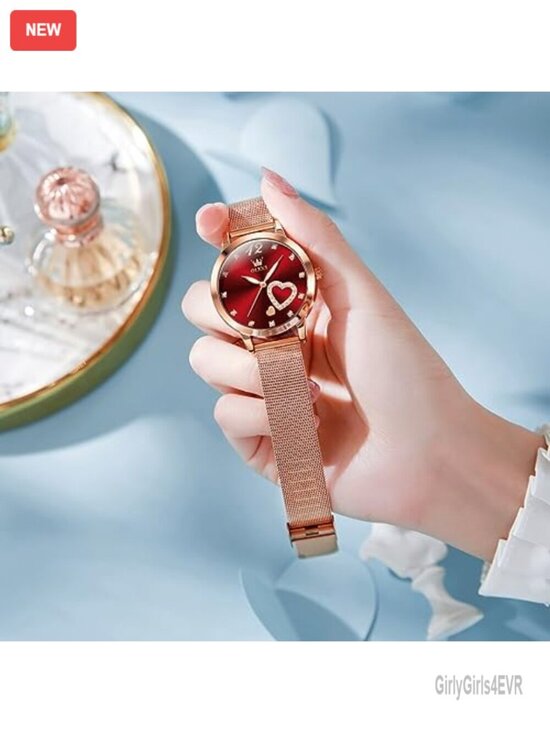 Small Rose Gold Tone Watch - Diamond Heart Dial, Japanese Quartz, Mesh Bracelet main image 5